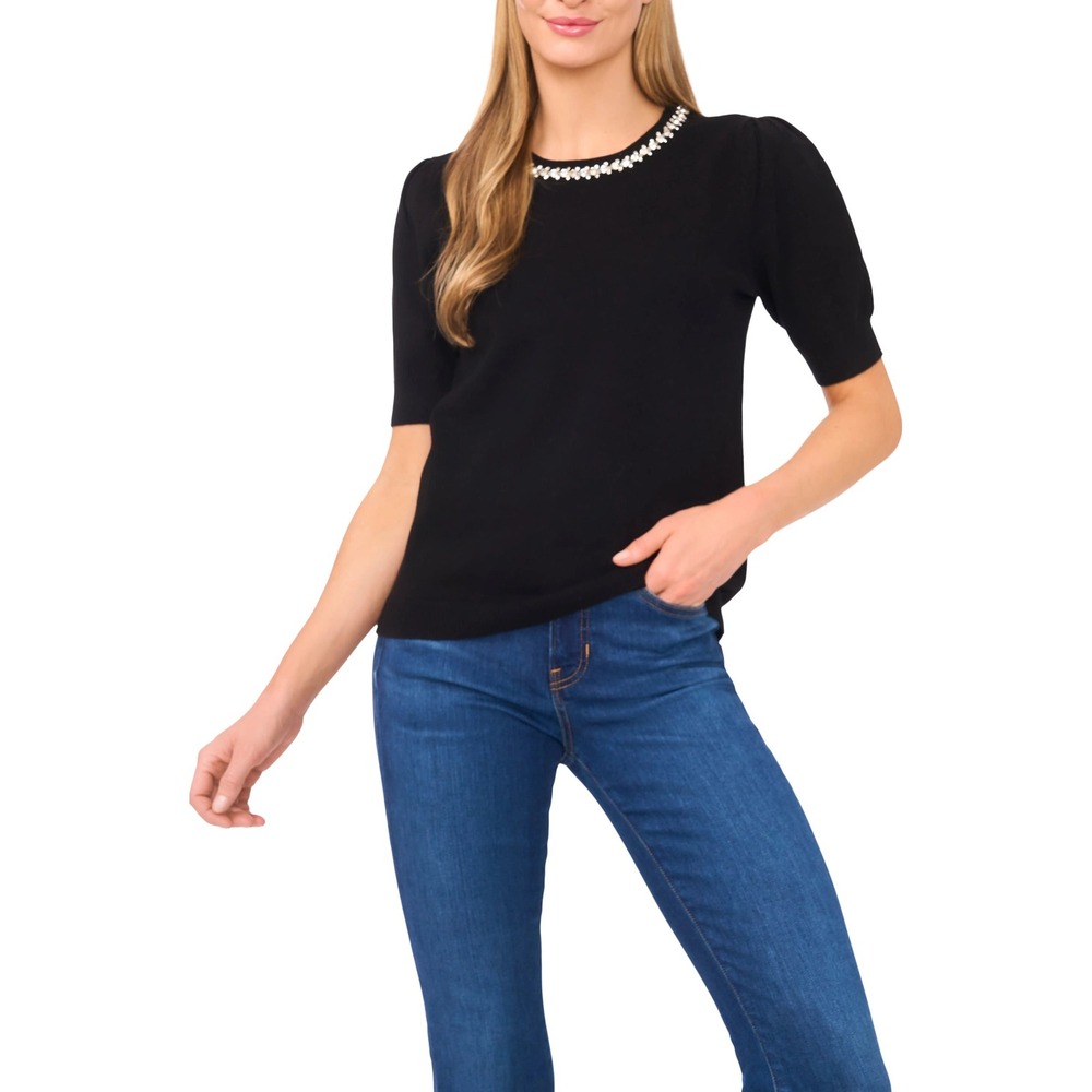 CeCe Women Rich Black Rhinestone Collar Puff Sleeve Knit Top 7055233 XS NEW